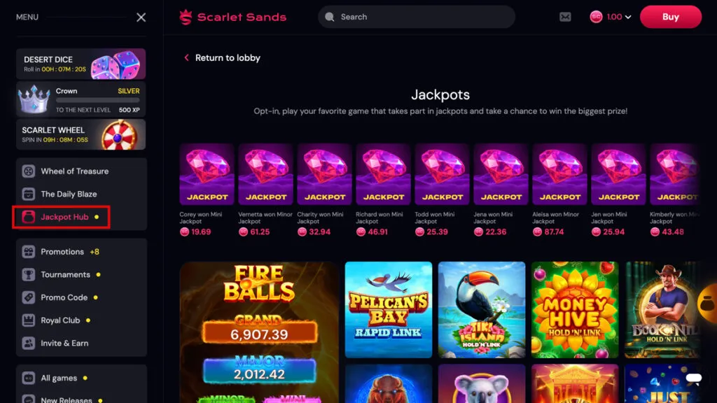 Scarlet Sands Jackpot Hub showing recent winners, eligible games, opt-in amounts, and jackpot tiers