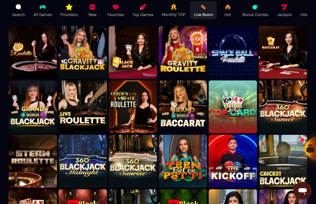 Scarlet Sands live dealer room showing Grand Bonus Blackjack, Gravity Roulette, and other game options