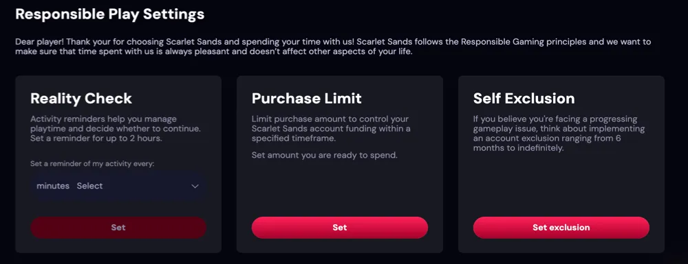 Scarlet Sands responsible play tools, including time reminders and spending limits