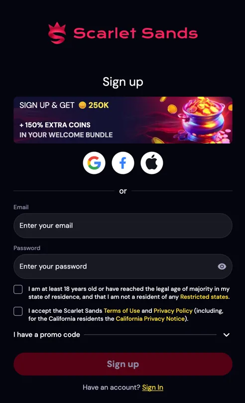 Scarlet Sands Casino sign-up page showing the registration form and login options