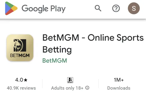 BetMGM play store review screenshot, showing a 4.0/5 review score