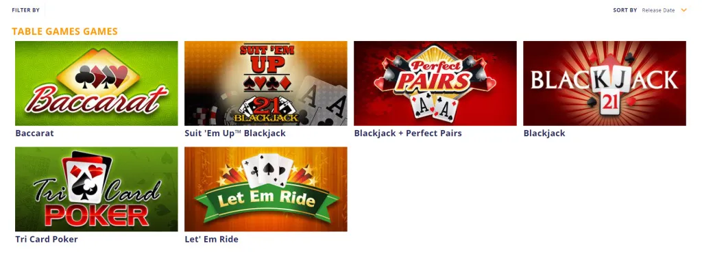 Sunrise Slots table games menu displaying blackjack and poker options