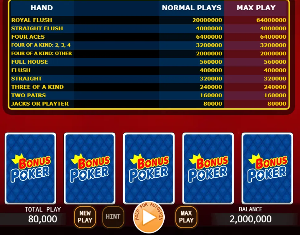 Video poker game being played online at a Washington sweepstakes casino, with cards dealt and payout table visible