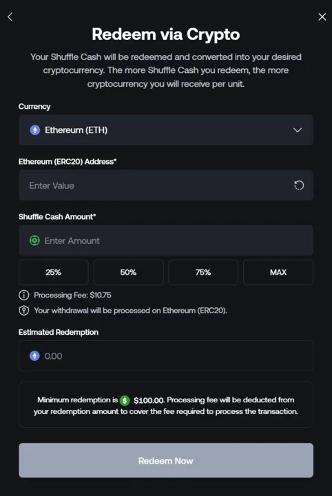 Shuffle.us crypto redemption screen showing wallet address and coin selection