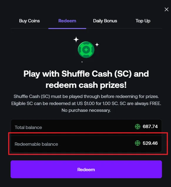 Shuffle.us account showing redeemable and unplayed Sweeps Coins balances before redemption