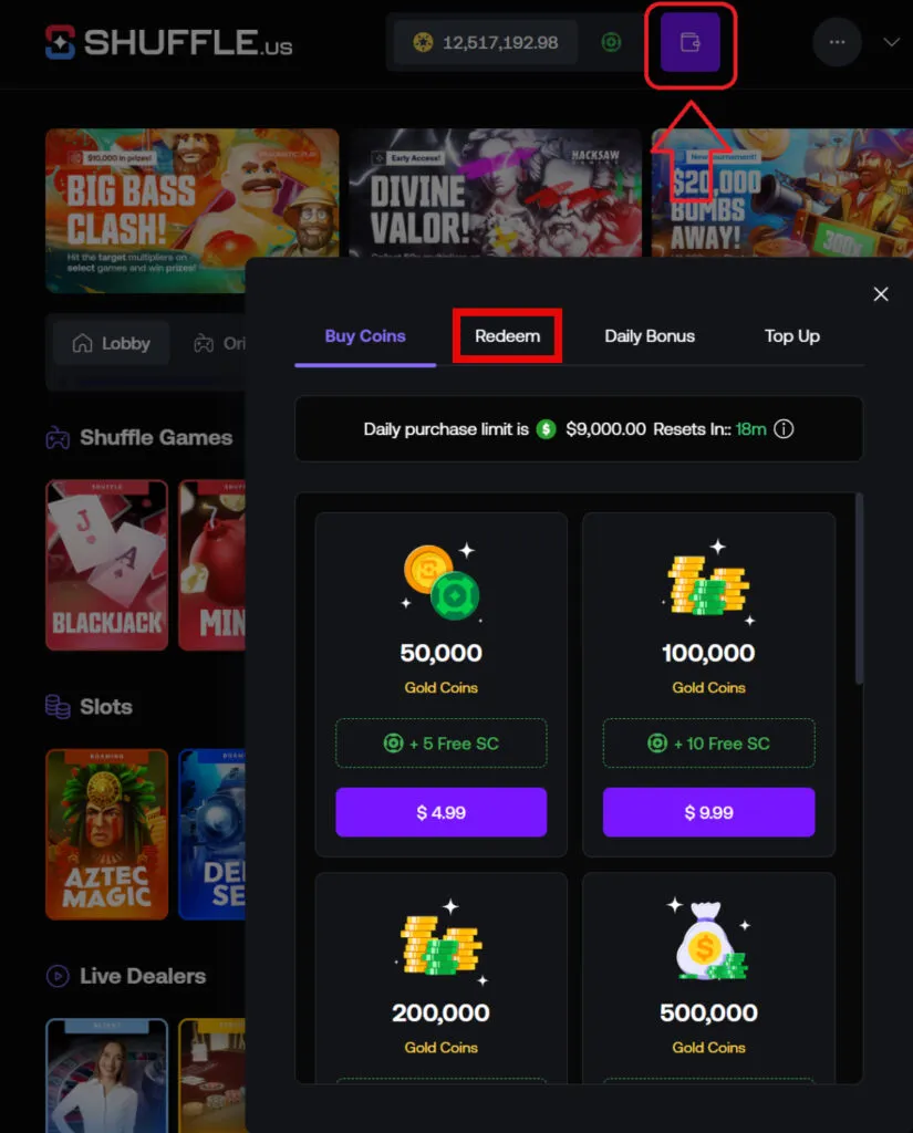 Selecting the redeem option in the Shuffle.us wallet