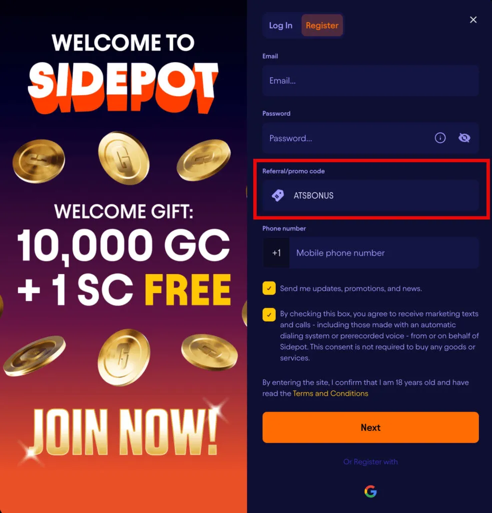 Sidepot.us registration page showing where to enter the promo code