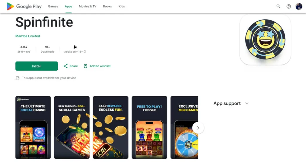Spinfinite Android app listing on the Google Play Store showing rating and download option