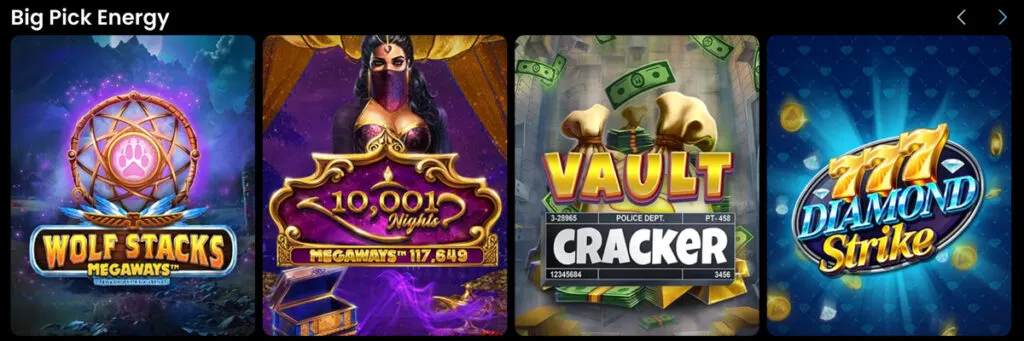 Spinfinite game lobby showing the Big Pick Energy slot section