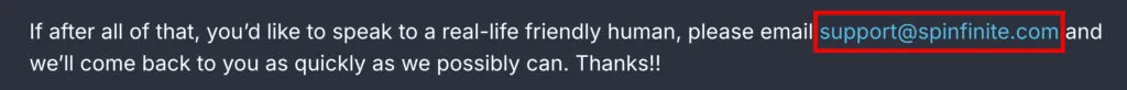 Spinfinite support email address shown on the website and outlined in red