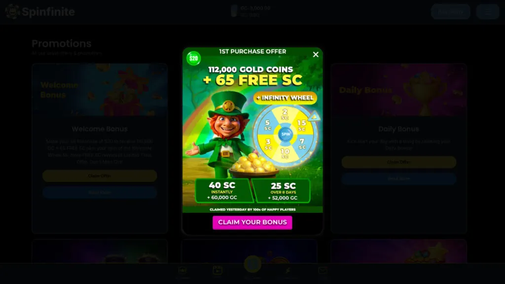 Spinfinite Casino first purchase bonus offer with Gold Coins, Sweeps Coins, and free spins