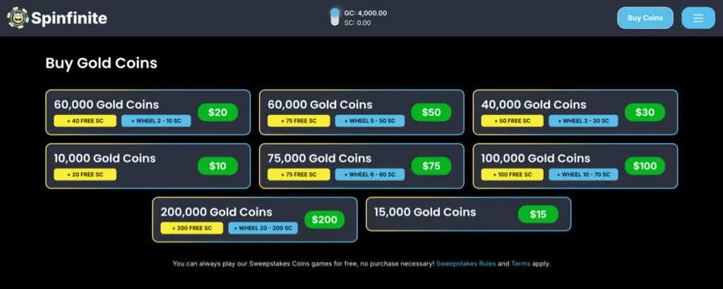 Spinfinite Gold Coin package options