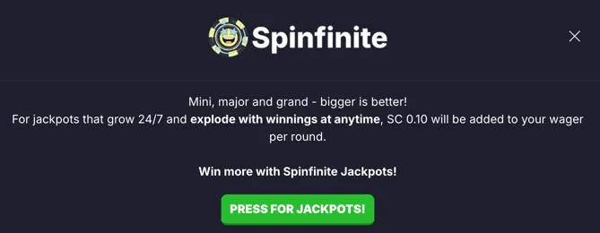 Spinfinite progressive jackpot explanation window with Mini, Major, and Grand tiers