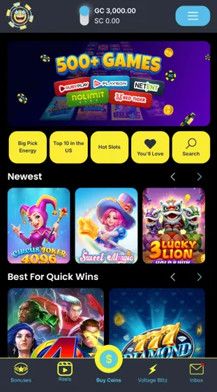Spinfinite casino mobile site showing game lobby and bottom navigation menu