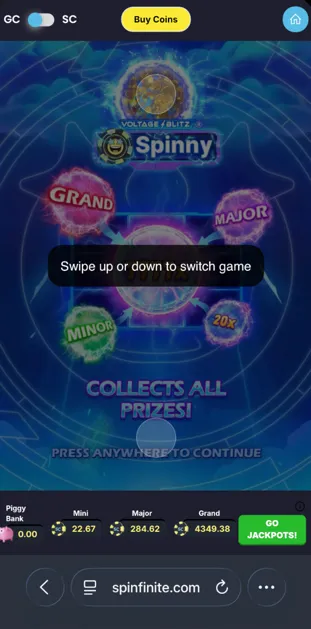 Spinfinite Reels tab with vertically scrolling game feed
