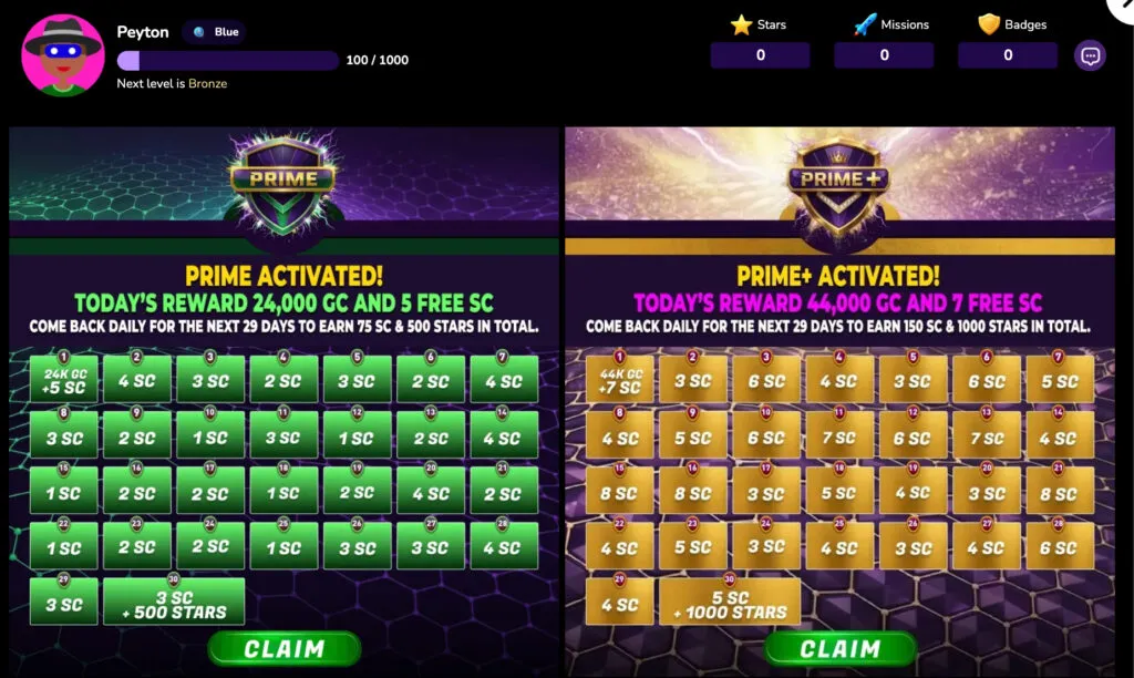 Spinfinite Casino Season Pass daily reward calendar