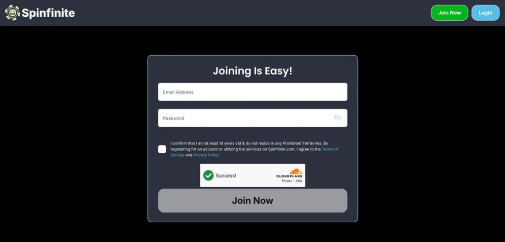 Spinfinite casino sign-up page showing email and password registration form