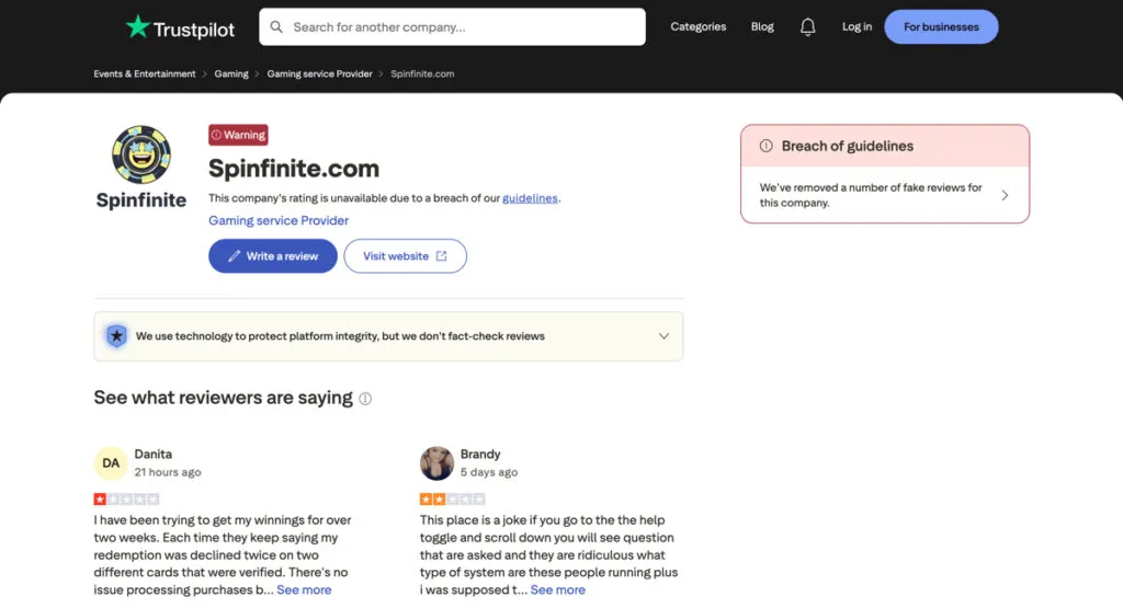 Spinfinite Trustpilot reviews page showing rating warning and player feedback
