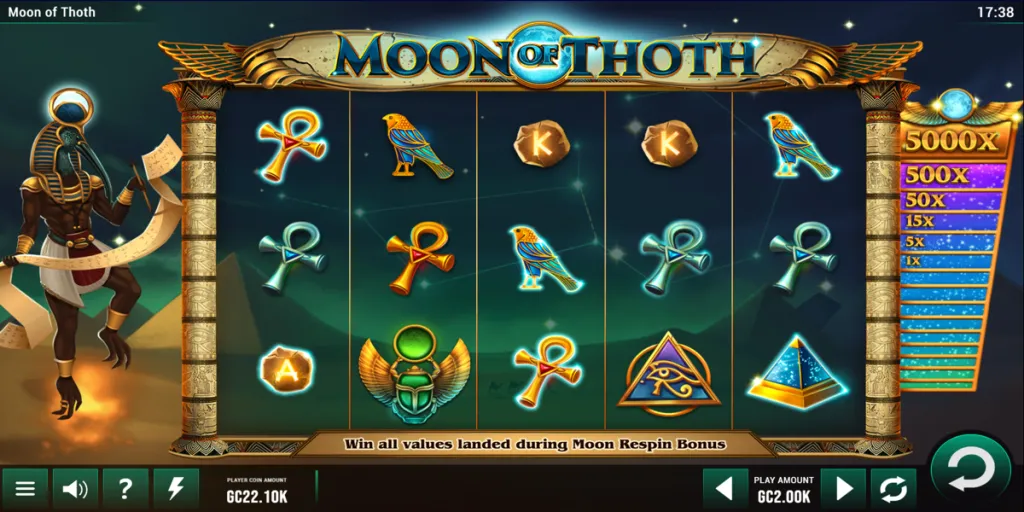 Moon of Thoth slot game spinning on a sweepstakes casino site available to North Dakota players