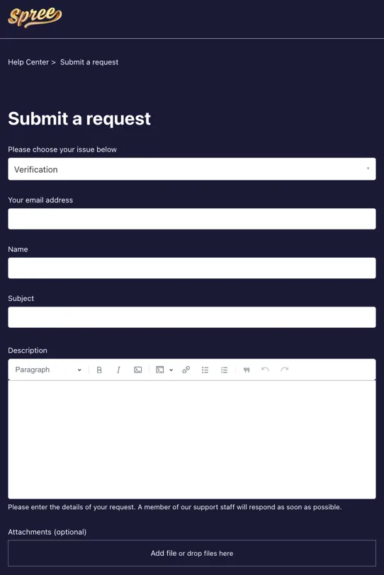 Spree Casino customer support contact form
