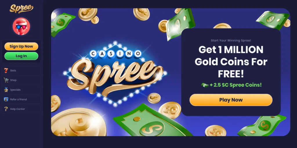 Spree Casino website homepage, featuring welcome bonus for new users