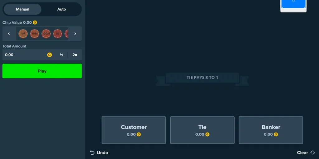 Stake.us Baccarat game showing virtual table and betting options