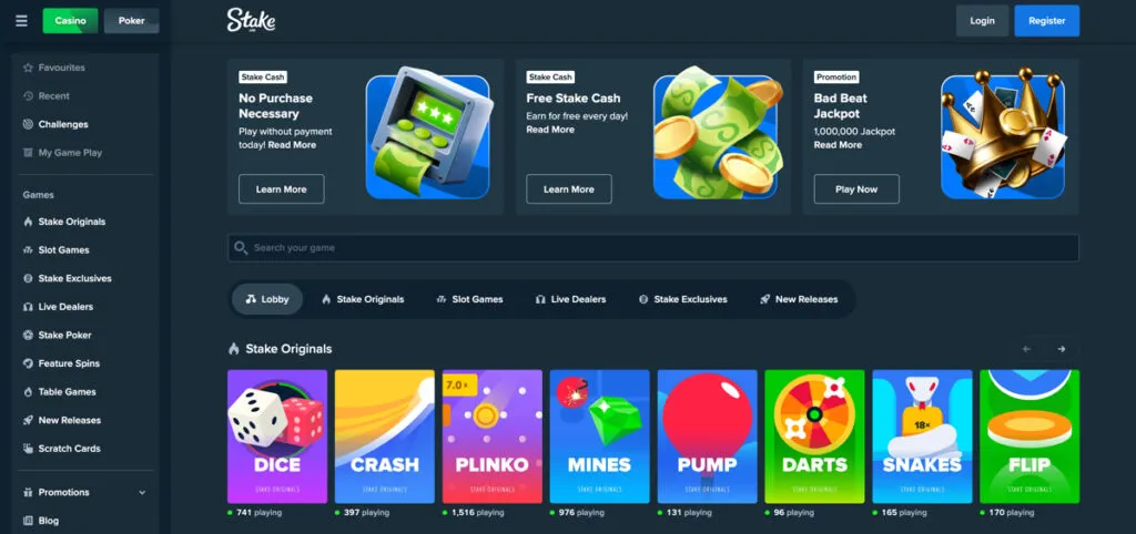 Stake.us lobby with exclusive games and promotions for Washington DC players