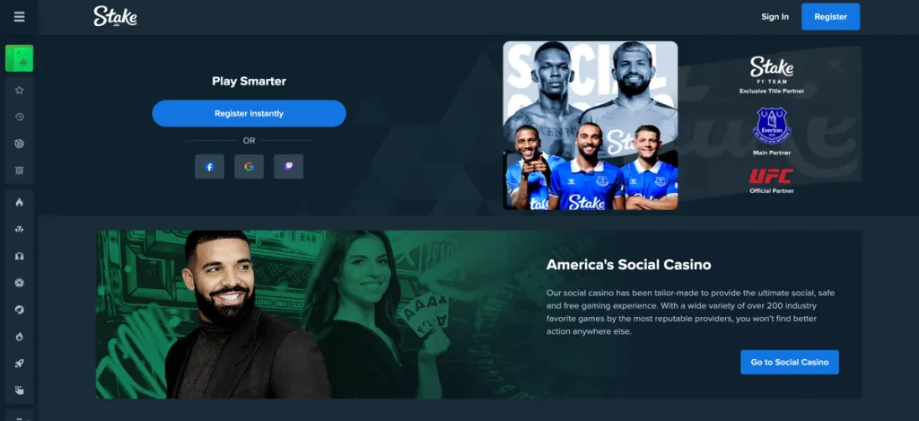 Stake.us homepage showing a sweepstakes casino available in Mississippi
