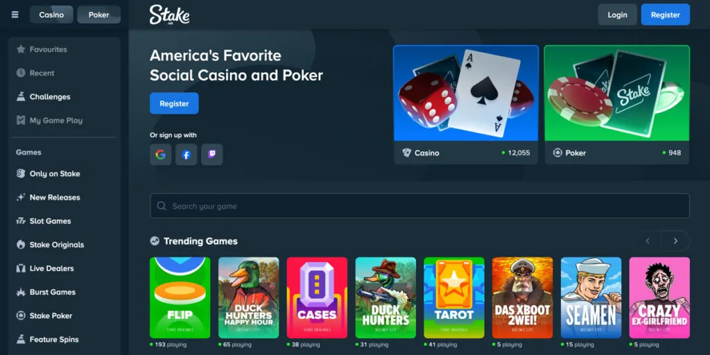 Stake.us website lobby on desktop with game categories and navigation menu