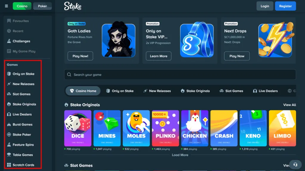 Stake.us social casino game categories shown in the main menu