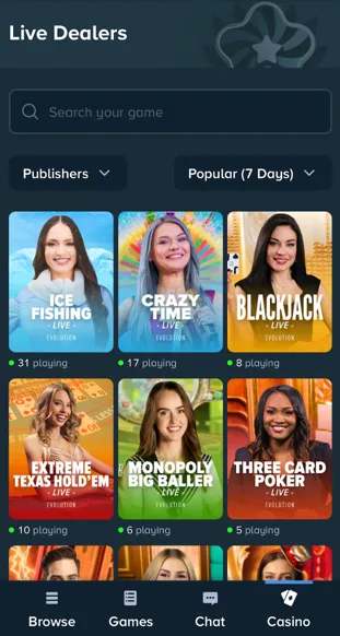 Live dealer casino games available on the Stake.us mobile app