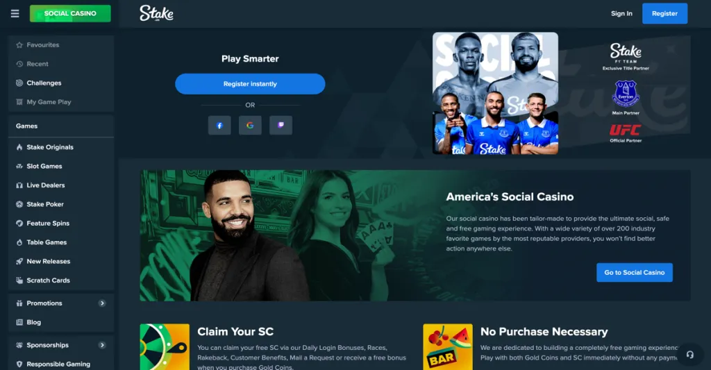 Stake.us website homepage with key information about their dual-currency system games, and promotions
