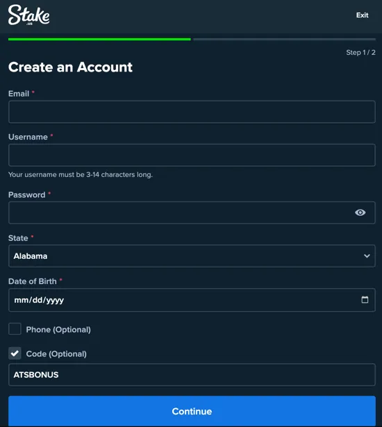 Stake.us registration screen with a promo code filled in