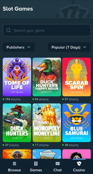 Selection of mobile slot games shown on the Stake US app