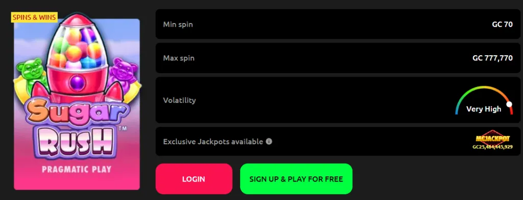 Sugar Rush slot game info on McLuck Casino showing bet range and volatility