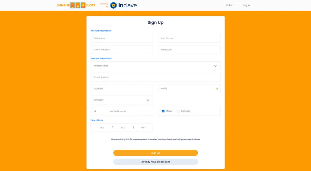 Sunrise Slots registration page showing the account sign-up form