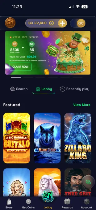 SweepNext mobile interface with bottom menu tabs for Store, Get Coins, Lobby, Rewards, and Account