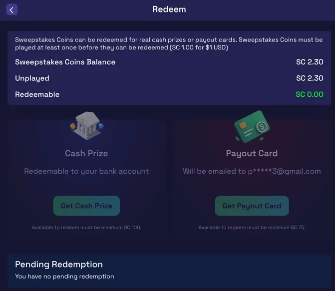 SweepNext redemption methods showing gift card and cash prize options