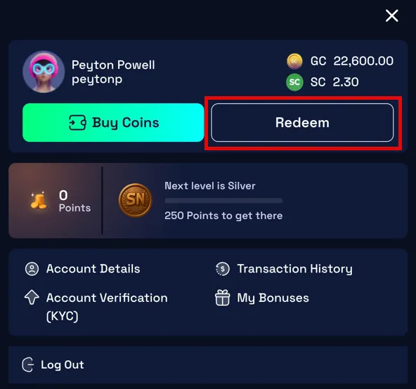 SweepNext redeem option in account menu