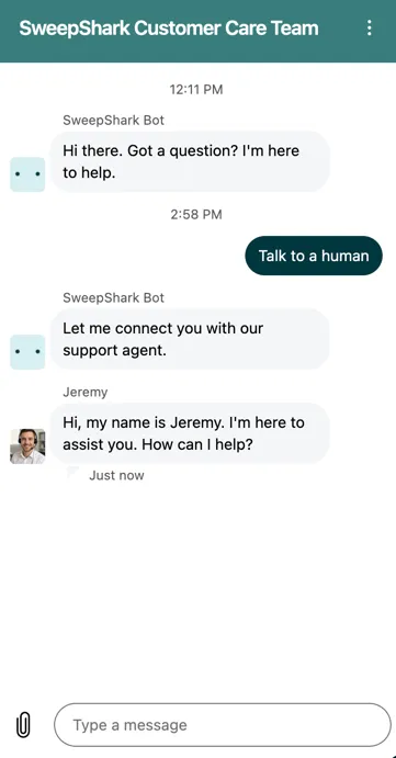 SweepShark live chat message from customer support