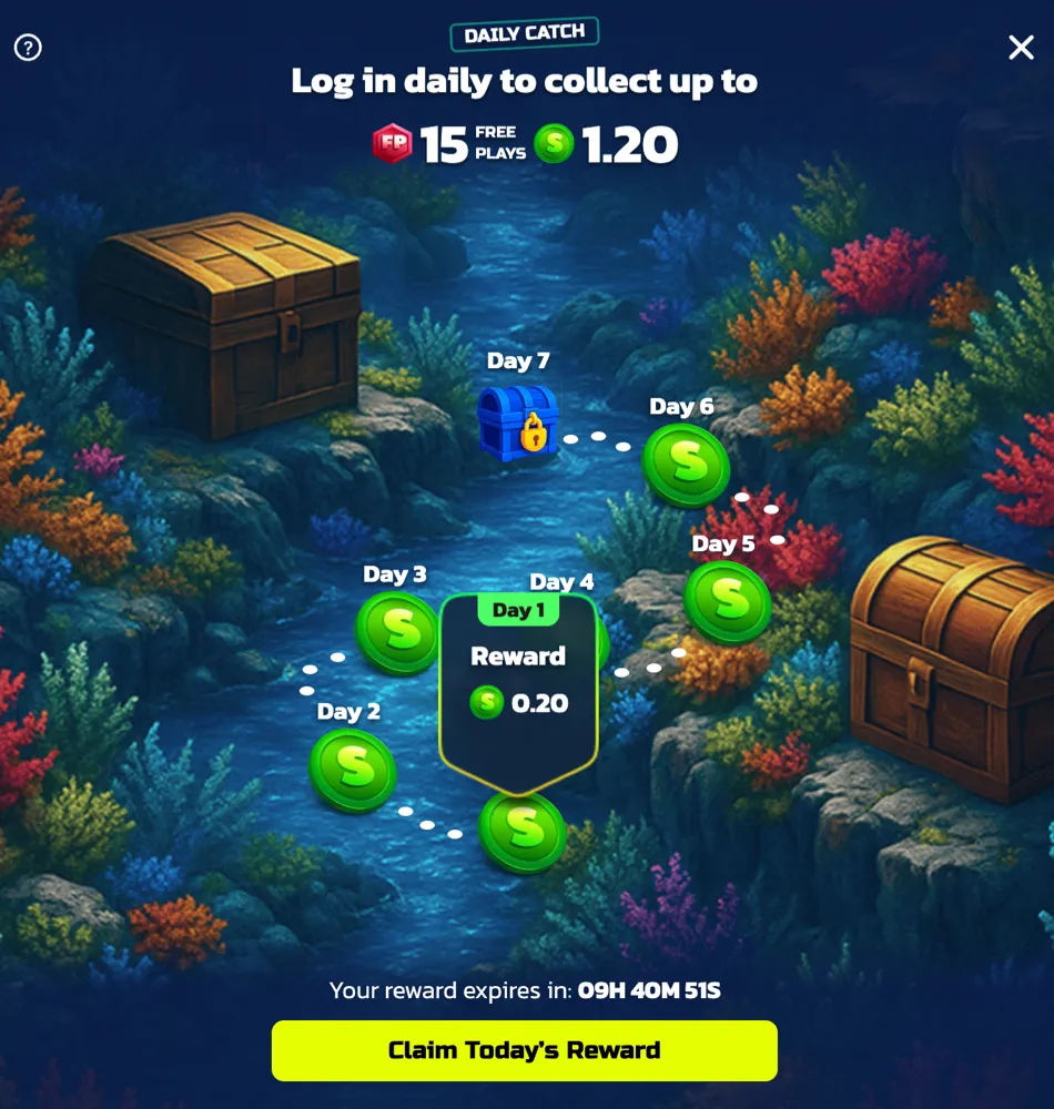 SweepShark 7-day daily login bonus showing a map of rewards unlocked each day