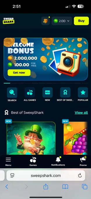 SweepShark mobile site showing the bottom navigation menu