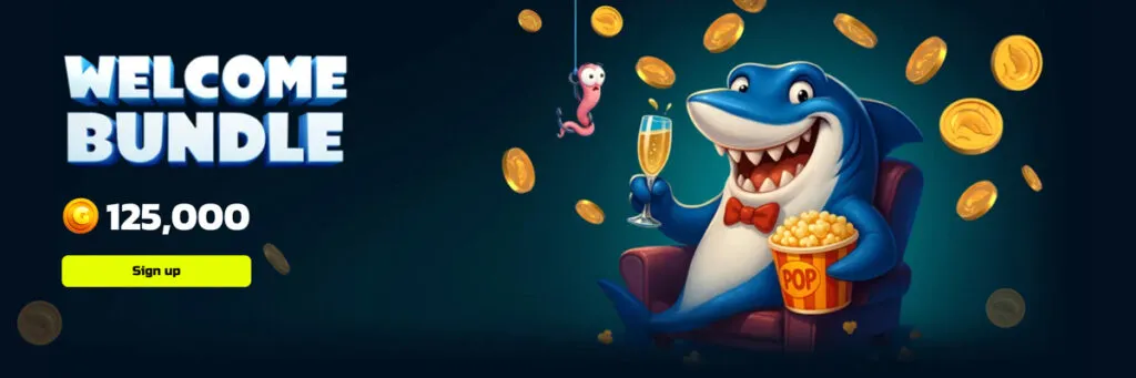 SweepShark no deposit bonus showing 125,000 Gold Coins awarded at sign-up