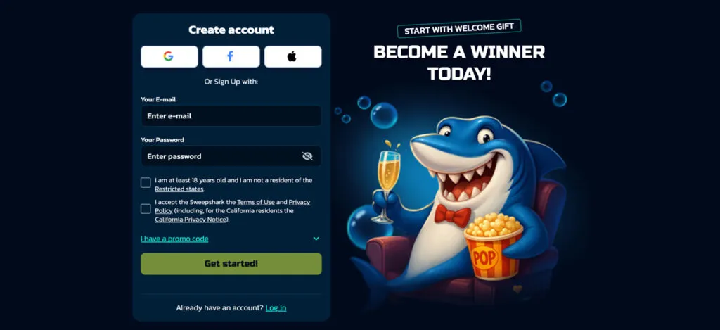 SweepShark registration page where new players create an account