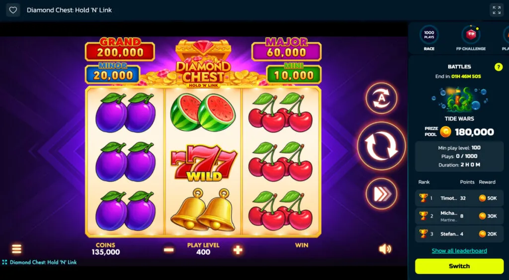 Diamond Chest Hold âNâ Link slot game being played on SweepShark