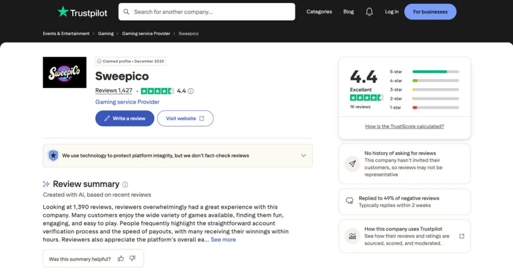 Sweepico Trustpilot player reviews and feedback