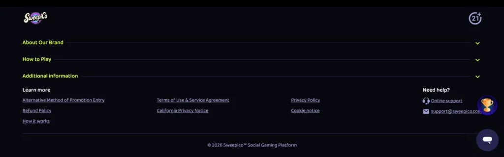 Sweepico website footer without a link to the sweepstakes rules