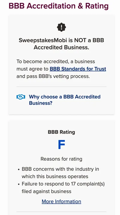 Better Business Bureau page showing Sweepstakes Mobi with an F rating