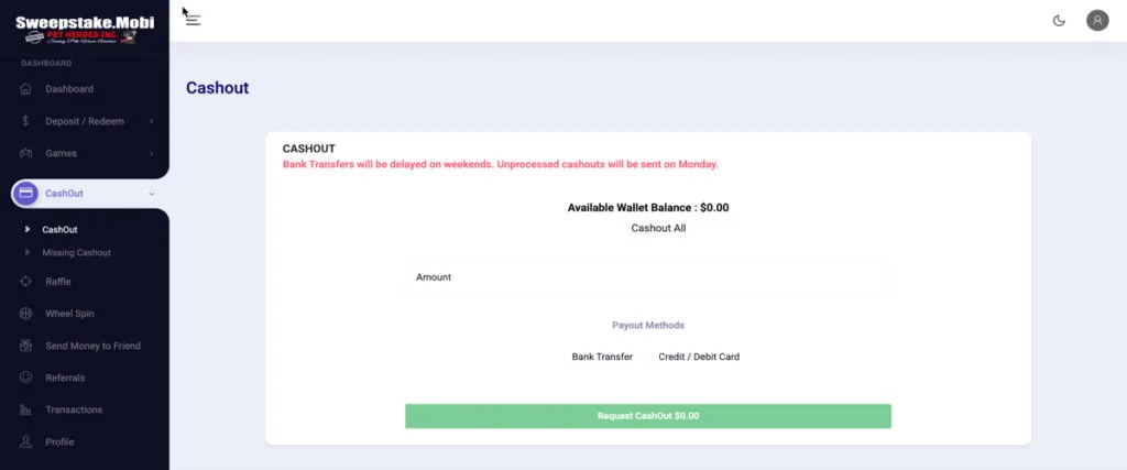 Sweepstakes Mobi wallet cash-out page showing redemption methods