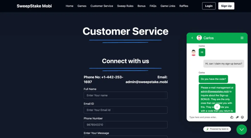 Live chat conversation with a Sweepstakes Mobi support agent on the website